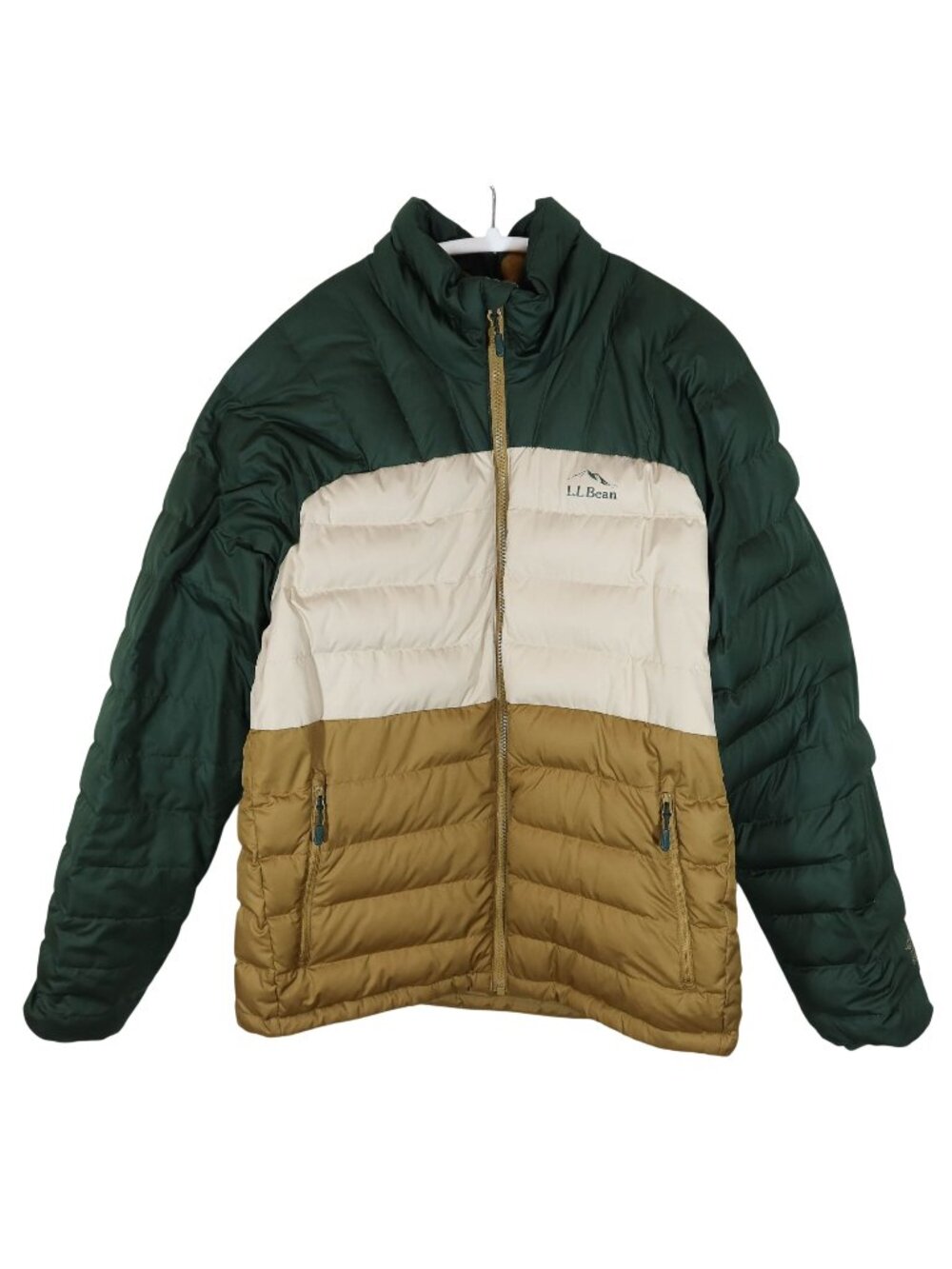 LL BEAN Colorblock Down Puffer Jacket Size M 650 Fill Downtek Outdoor Green Tan